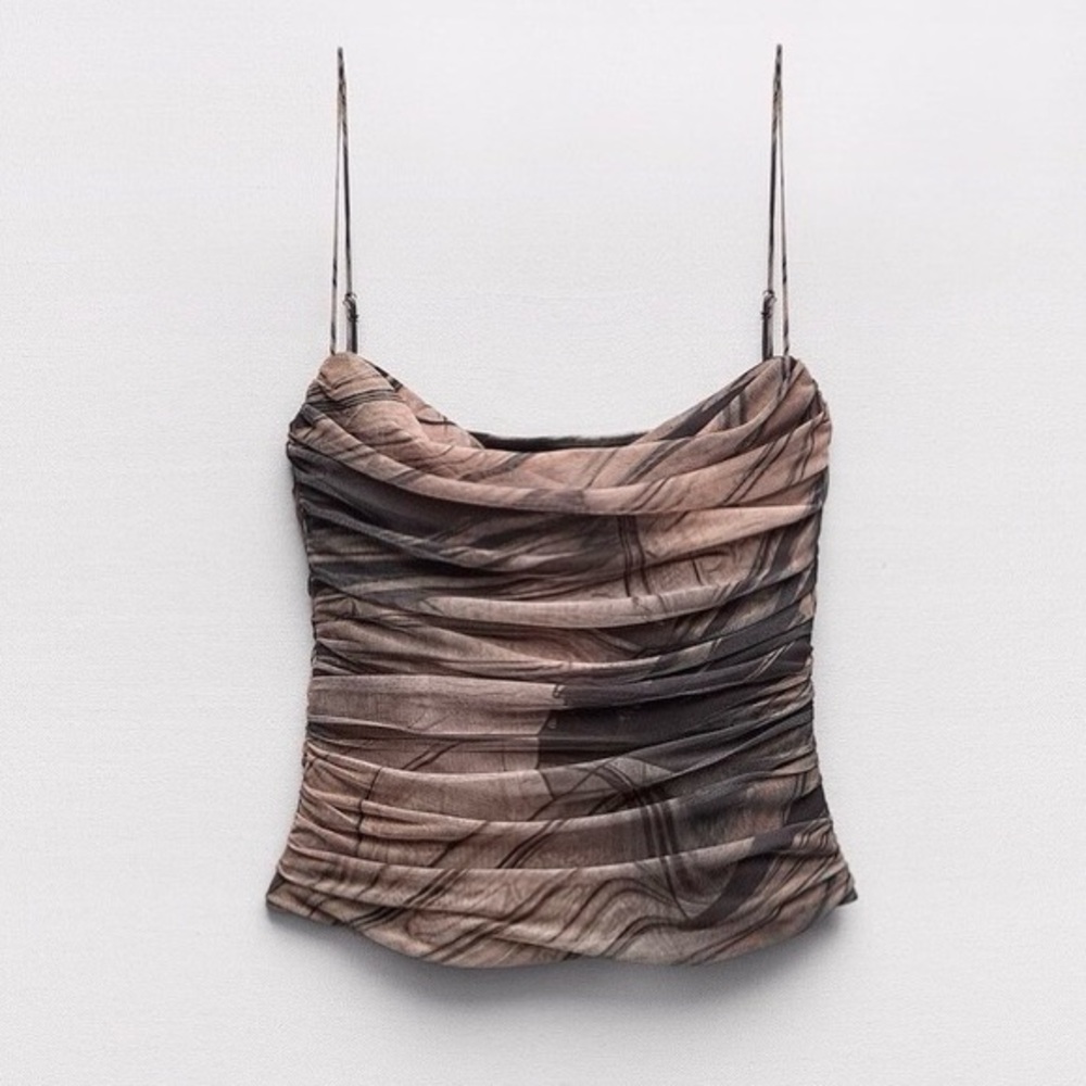 Zara Brown Marble-Print Ruched Cowl Neck Cami